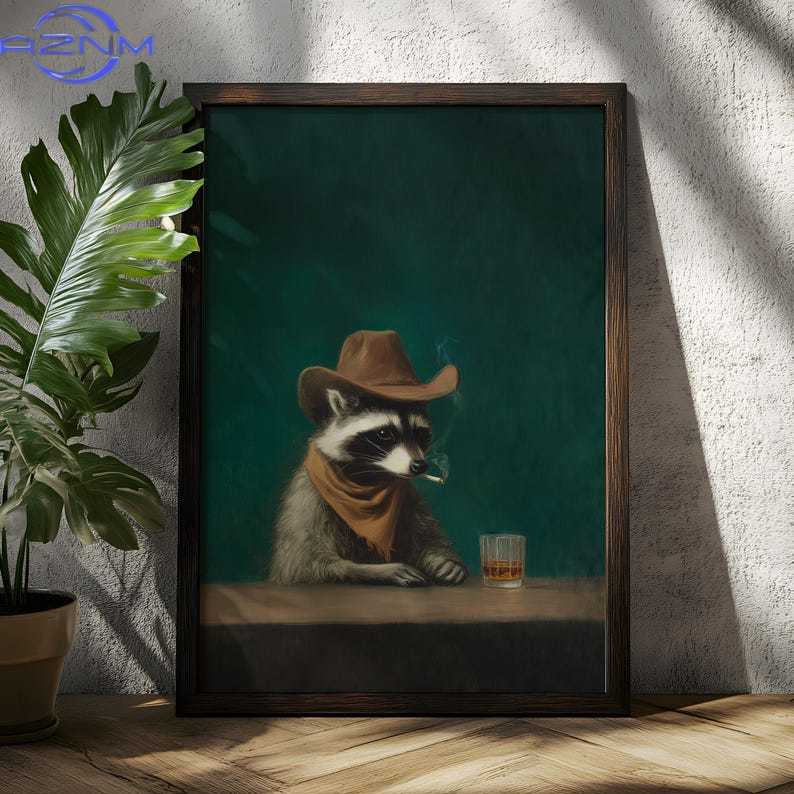 Home Bar Lounge - AZNM Vintage Funny Smoking Raccoon Cowboy