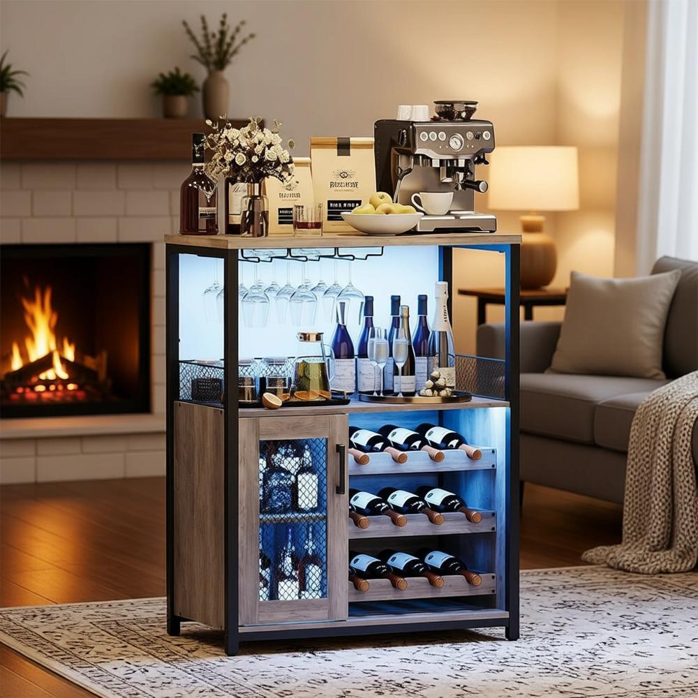 Industrial-Style LED-Lit Wine  - Home Bar And Cabinet 评论和价格