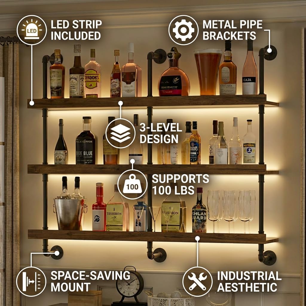 Wall Mounted Wine Rack With LE - Home Bar Shelves 评论和价格