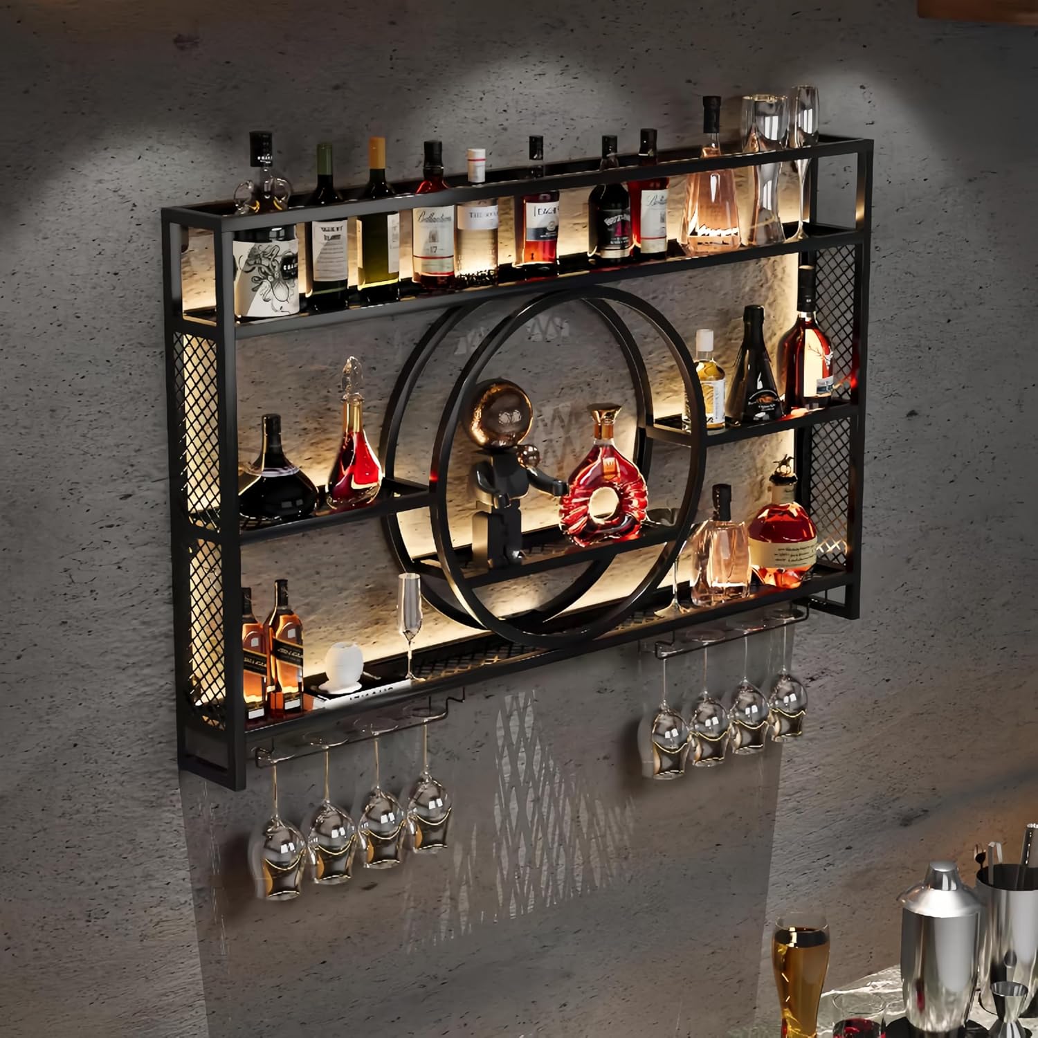 Black Metal Wall Mounted Wine  - Home Bar Shelf 评论和价格